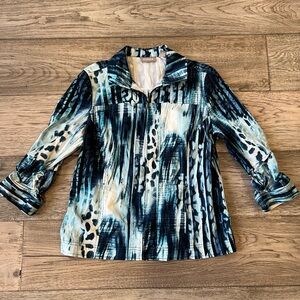Chico's Blue White Splash 3/4 Length Sleeves Zip Jacket Size 1